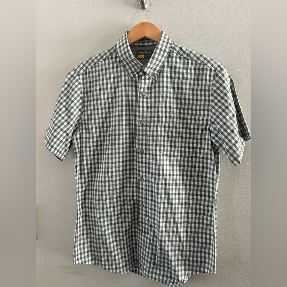 Eddie Bauer Green and White Plaid Button Down Shirt